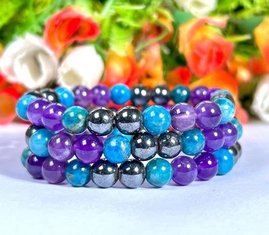 Weight Balance Stone Crystal Bracelet l Blue Apatite , Hematite,  Amethyst Stone Bracelet 8 MM