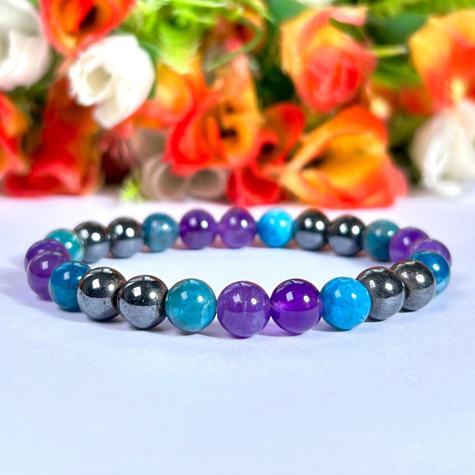 Weight Balance Stone Crystal Bracelet l Blue Apatite , Hematite,  Amethyst Stone Bracelet 8 MM