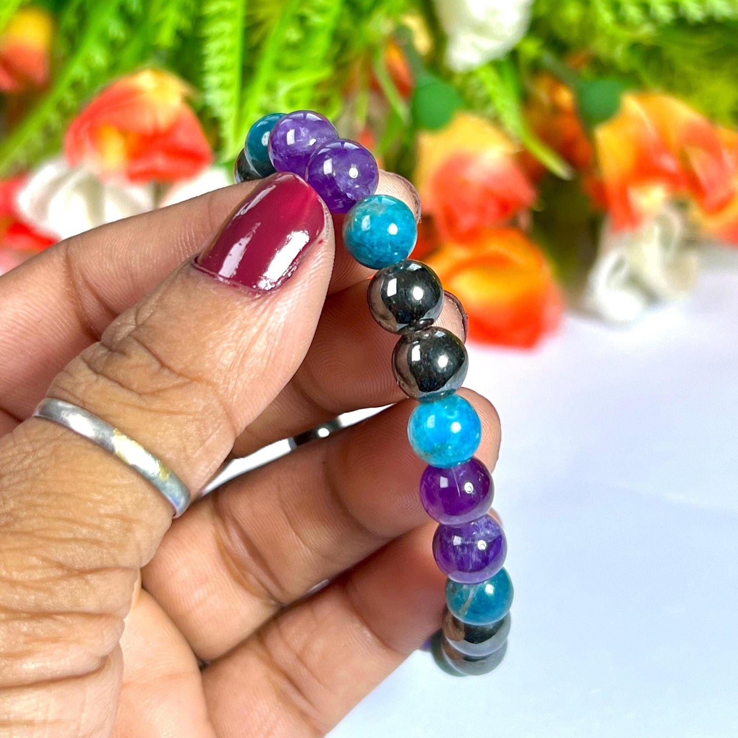 Weight Balance Stone Crystal Bracelet l Blue Apatite , Hematite,  Amethyst Stone Bracelet 8 MM