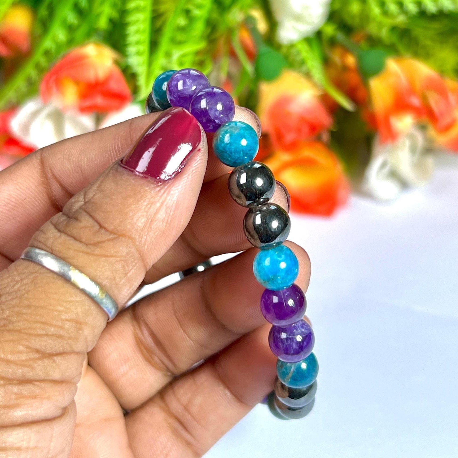 Weight Balance Stone Crystal Bracelet l Blue Apatite , Hematite,  Amethyst Stone Bracelet 8 MM