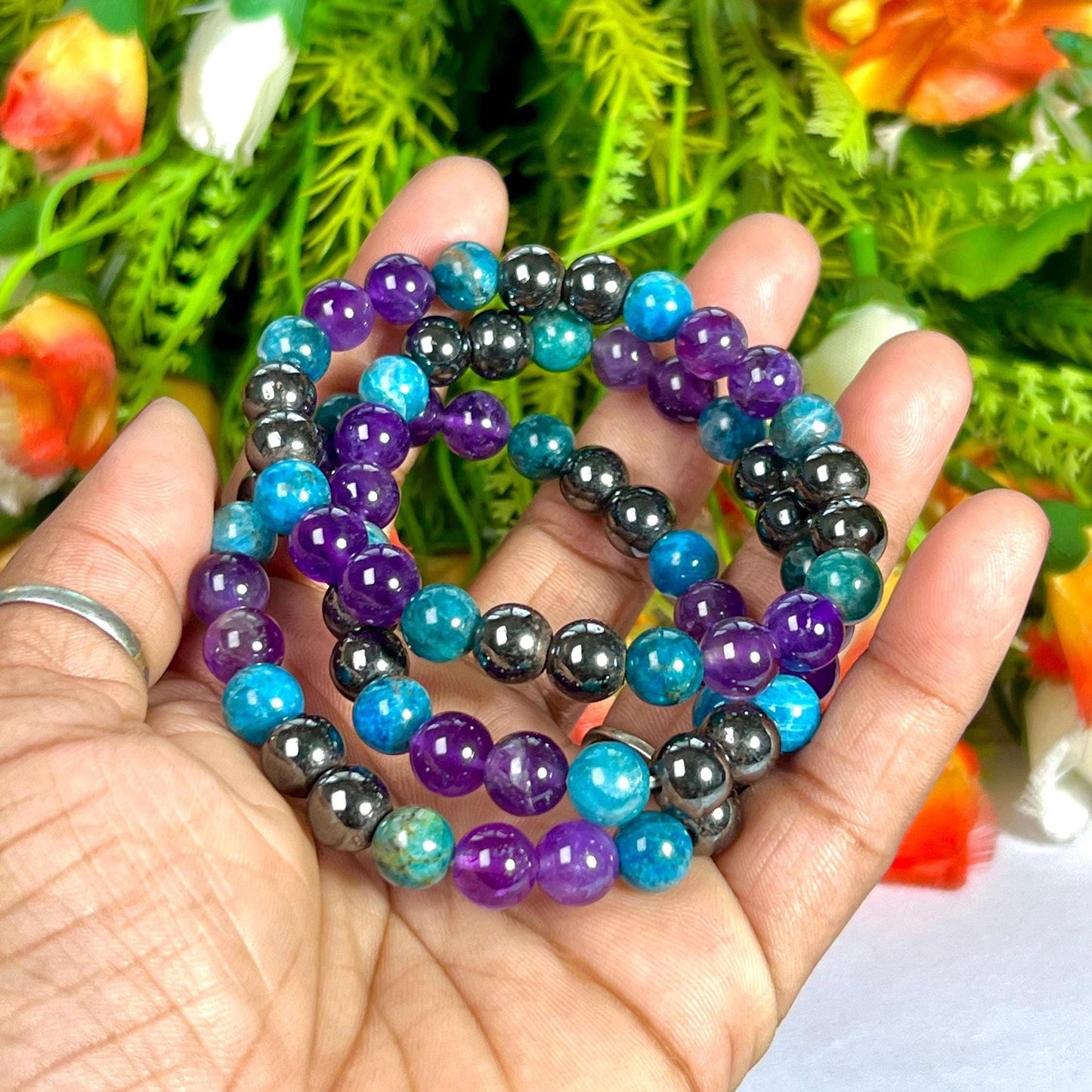Weight Balance Stone Crystal Bracelet l Blue Apatite , Hematite,  Amethyst Stone Bracelet 8 MM