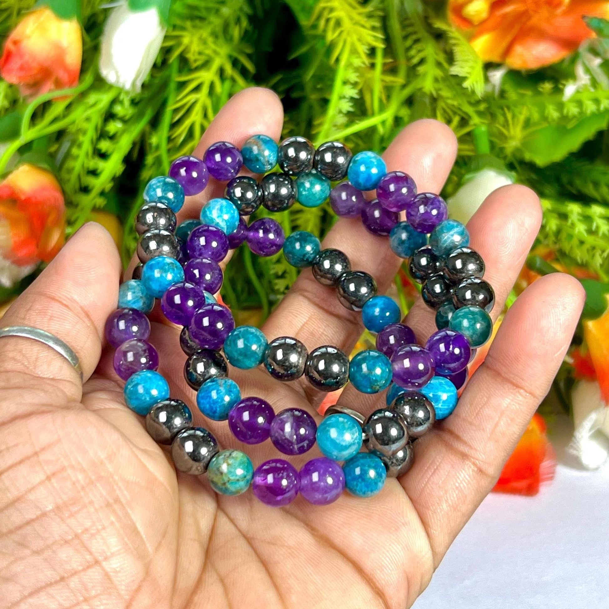 Weight Balance Stone Crystal Bracelet l Blue Apatite , Hematite,  Amethyst Stone Bracelet 8 MM