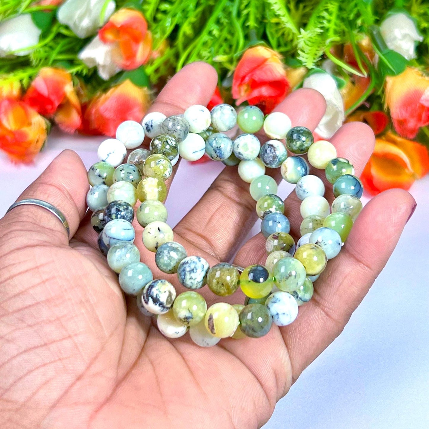 Green Dendritic Opal Stone Bracelet l Stretchable Bracelet l Unisex Bracelet l 8 MM Bracelet