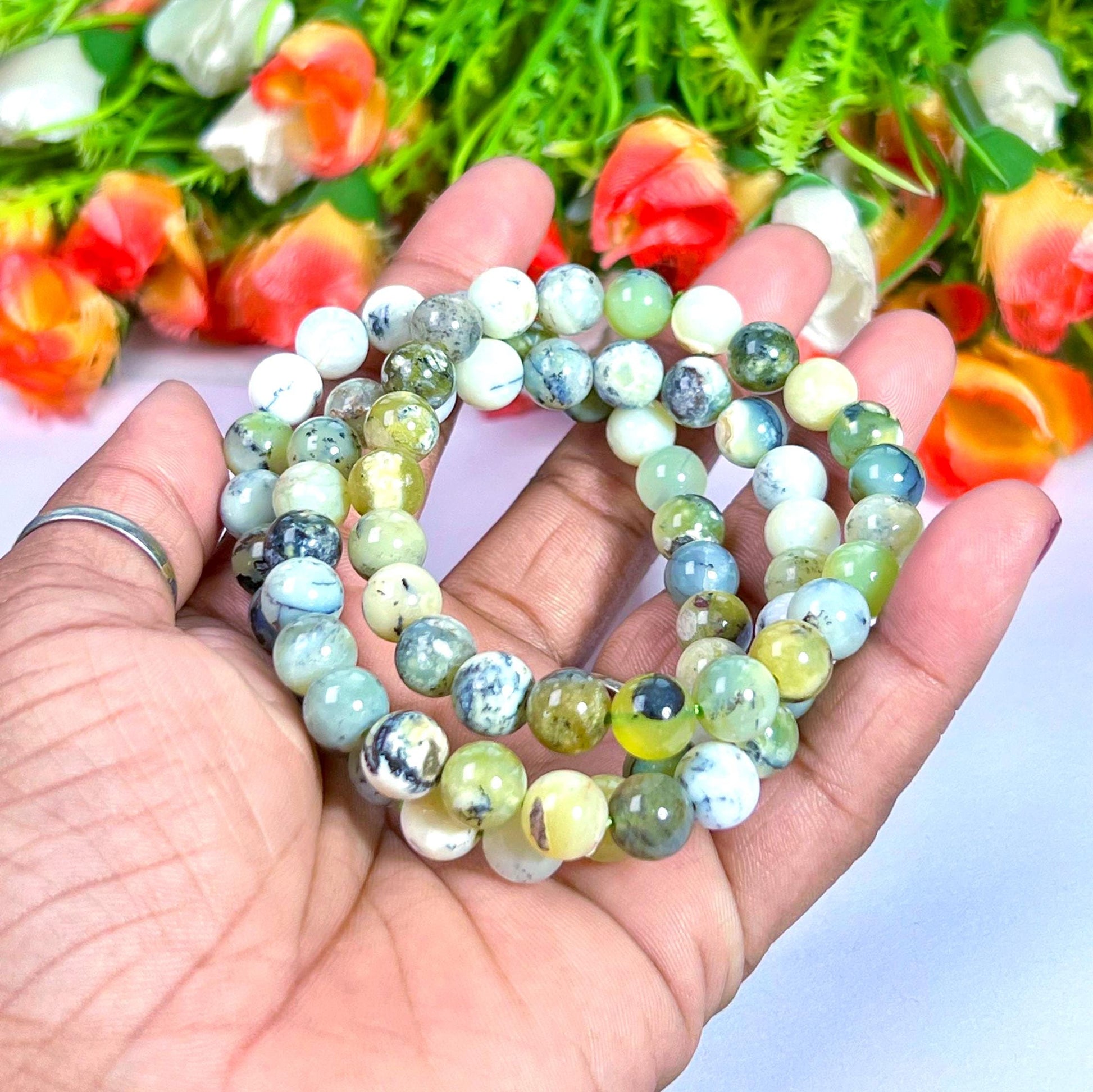 Green Dendritic Opal Stone Bracelet l Stretchable Bracelet l Unisex Bracelet l 8 MM Bracelet