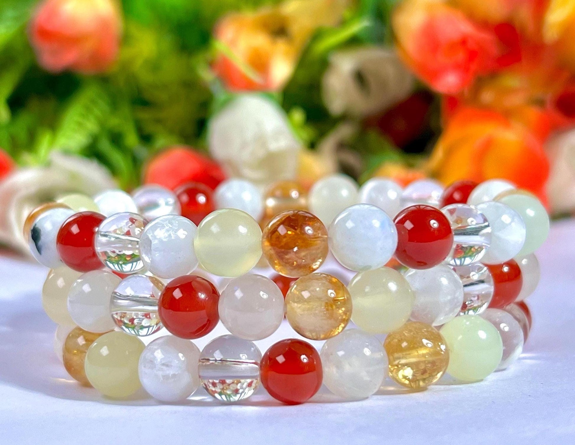 Moon Manifesting Soon Crystal Stone ,Burma Jade, Selenite, Himalayan Crystal, Carnelian, Rainbow Moonstone, Citrine Stone Bracelet 8 mm
