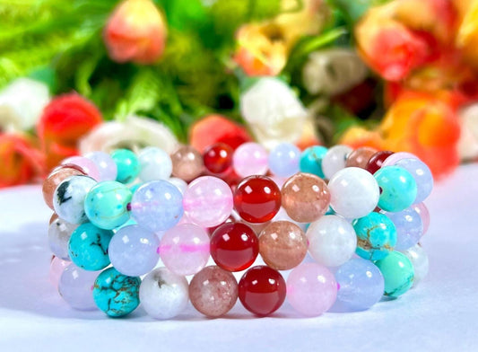 Thinking Of You Soon Crystal Stone, Carnelian, Rose Quartz, Aquamarine ,Turquoise, Rainbow Moonstone, Sunstone, Stone Bracelet 8 mm