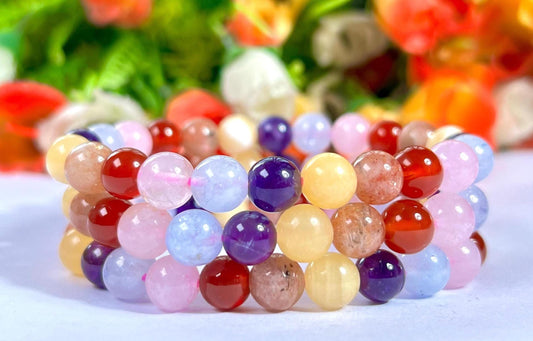 Get Well Soon Crystal Stone Stretchable Bracelet Amethyst ,Calcite, Sunstone, Carnelian, Rose Quartz, Aquamarine Stone Bracelet 8 mm