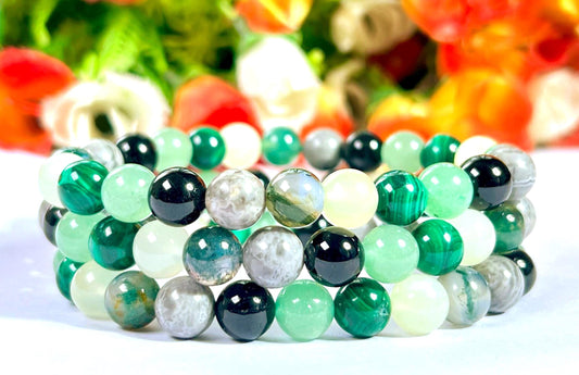 Good Luck Crystal Stone Moss Agate ,Burma Jade ,Malachite ,Green Aventurine ,Black Tourmaline, Flint, Stone Bracelet 8 mm