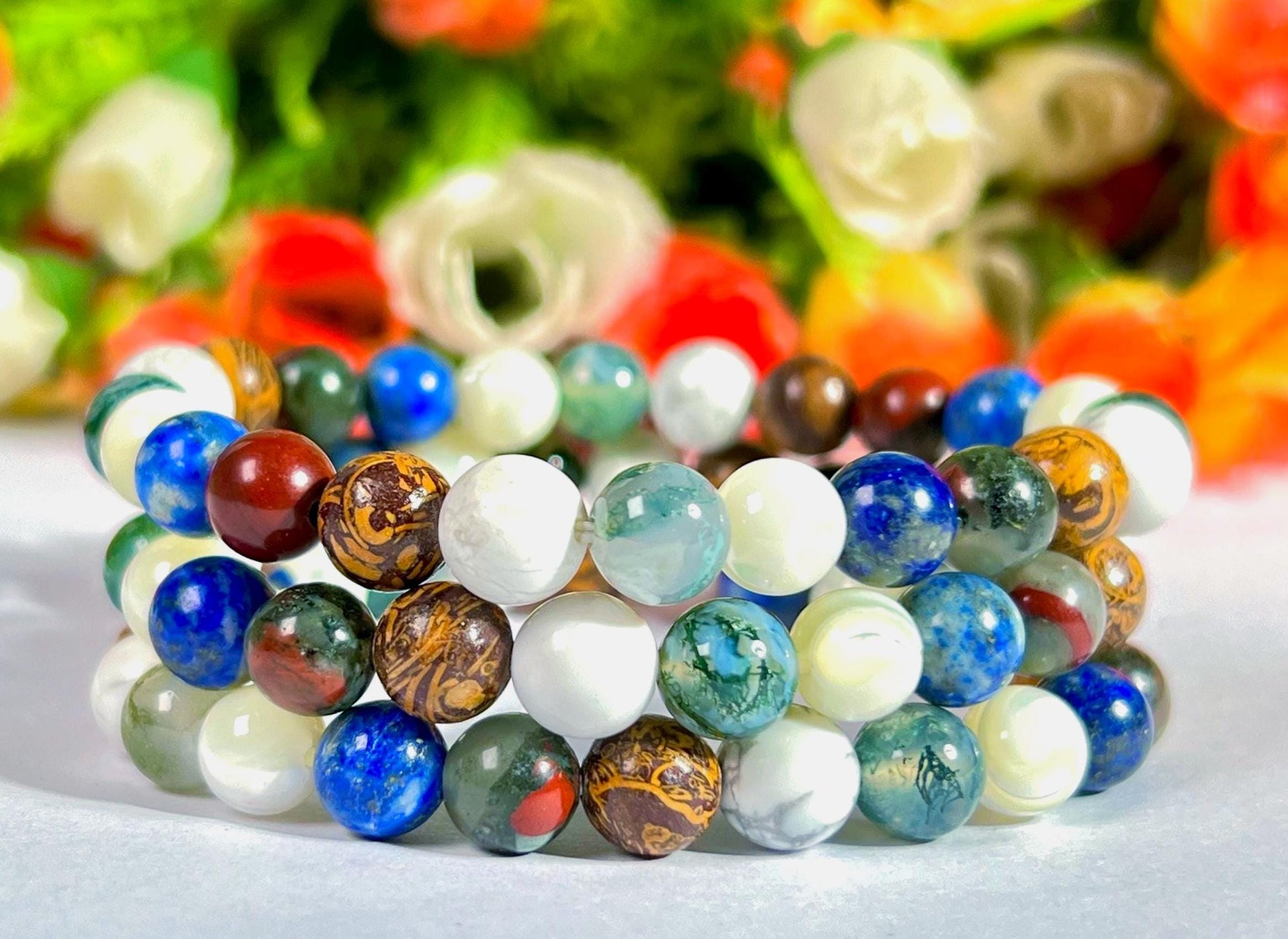 Good Health Crystal Bracelet – Moss Agate, Howlite, Calligraphy Jasper, Bloodstone, Lapis Lazuli & Mother of Pearl