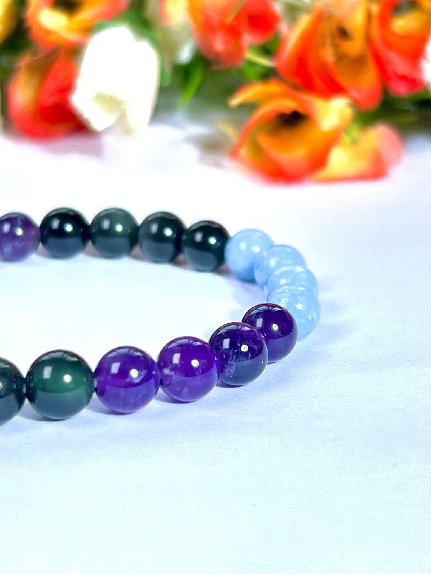 Pain Relief Crystal Bracelet – Amethyst, Rainbow Obsidian & Angelite – 8mm Natural Gemstone Beads