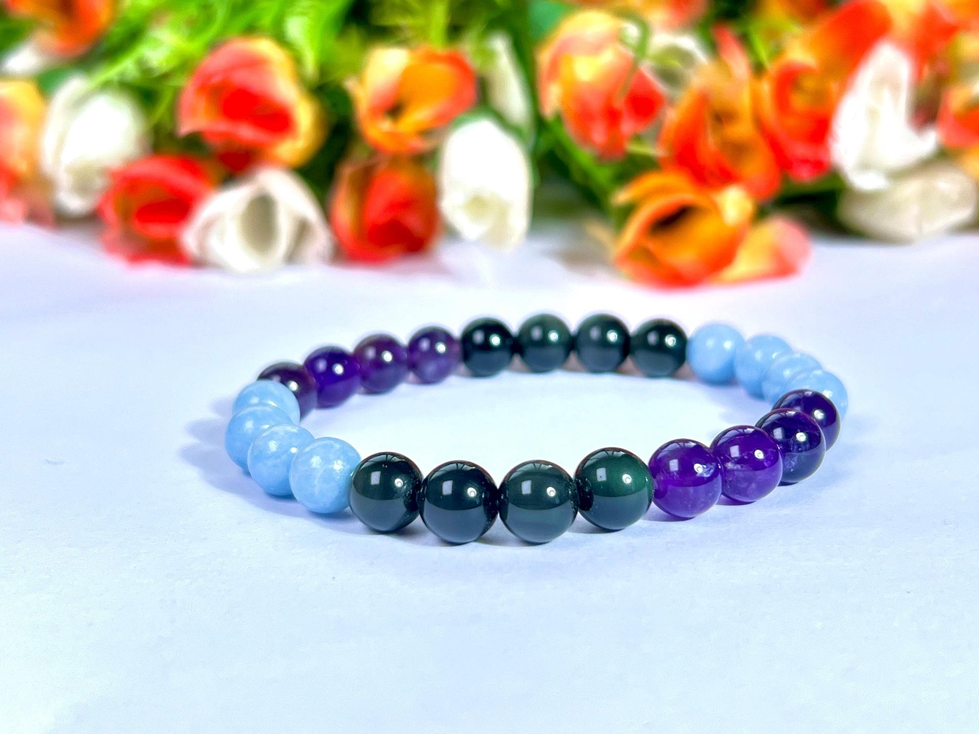 Pain Relief Crystal Bracelet – Amethyst, Rainbow Obsidian & Angelite – 8mm Natural Gemstone Beads