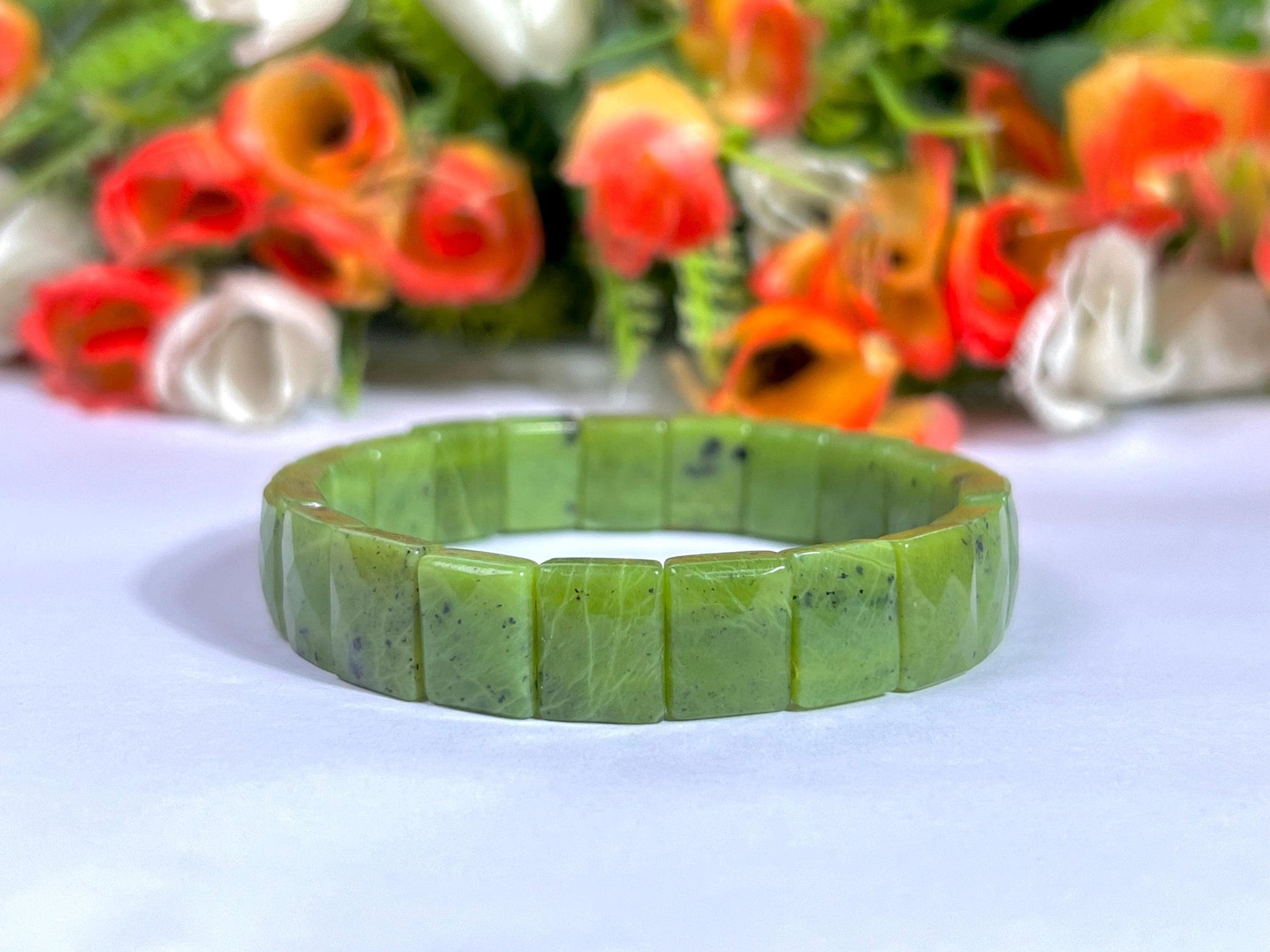 15 MM Nephrite Jade Stone Bracelet l Stretchable Bracelet AAAAA +++++