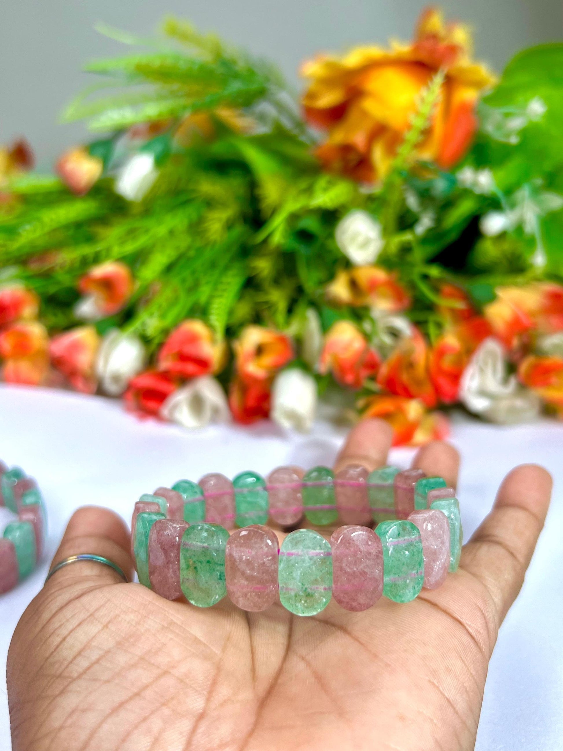 15 MM Pink and Green Strawberry Quartz Stone Bracelet l Stretchable Bracelet