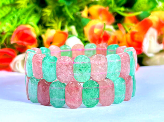 15 MM Pink and Green Strawberry Quartz Stone Bracelet l Stretchable Bracelet