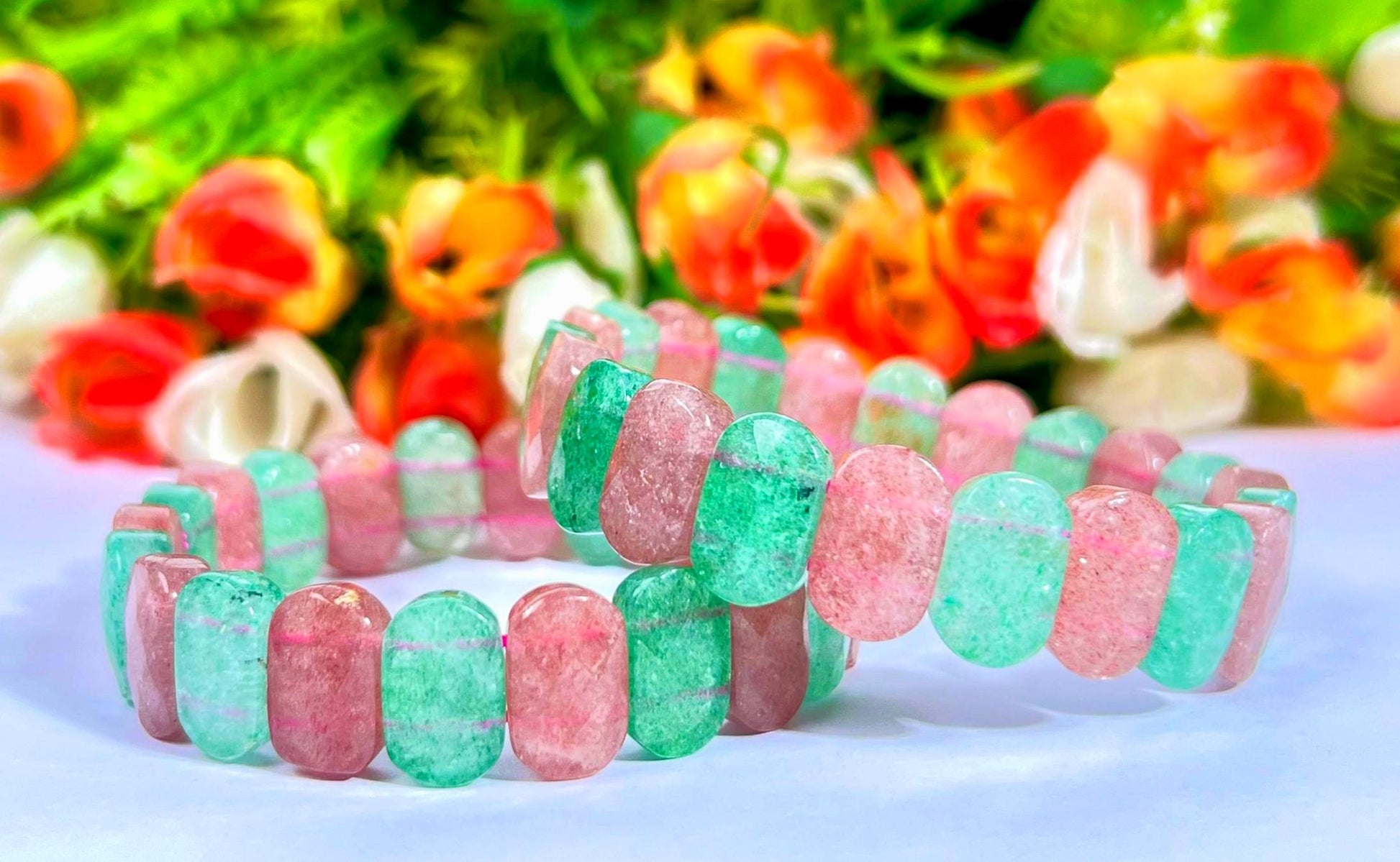 15 MM Pink and Green Strawberry Quartz Stone Bracelet l Stretchable Bracelet
