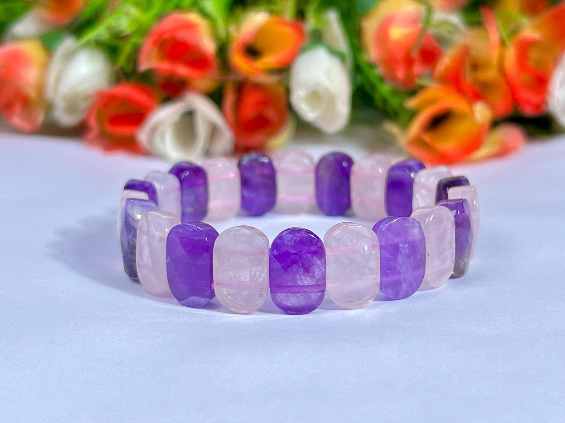 15 MM Amethyst Stone and Rose Quartz Stone Bracelet l Stretchable Bracelet AAAAA +++++