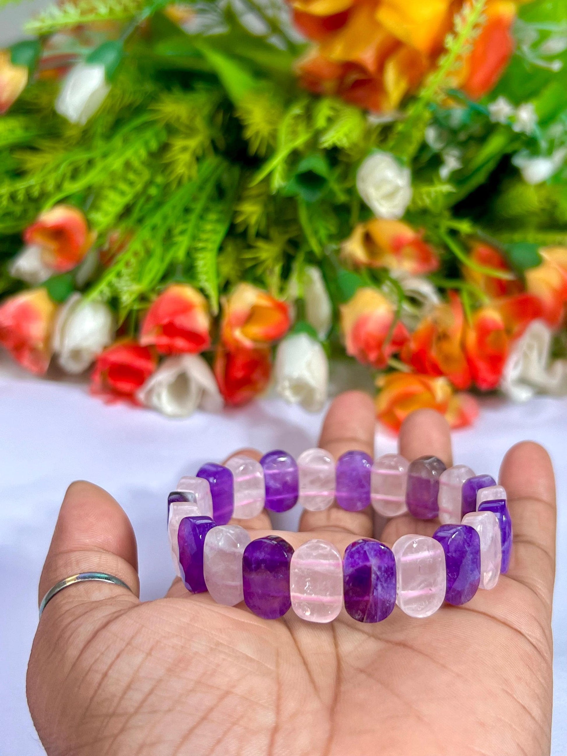 15 MM Amethyst Stone and Rose Quartz Stone Bracelet l Stretchable Bracelet AAAAA +++++