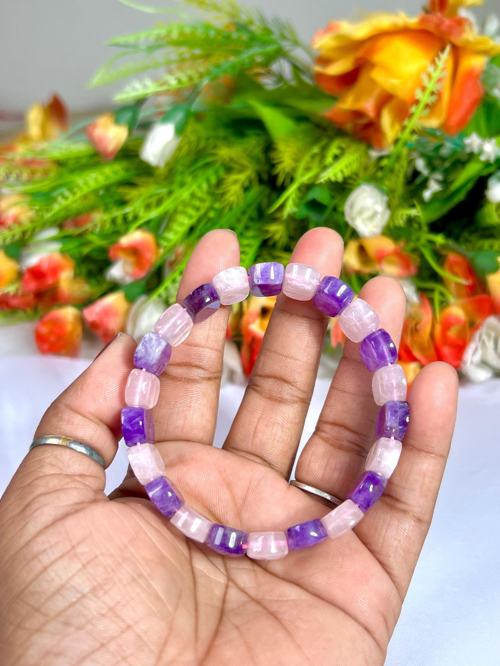 15 MM Amethyst Stone and Rose Quartz Stone Bracelet l Stretchable Bracelet AAAAA +++++