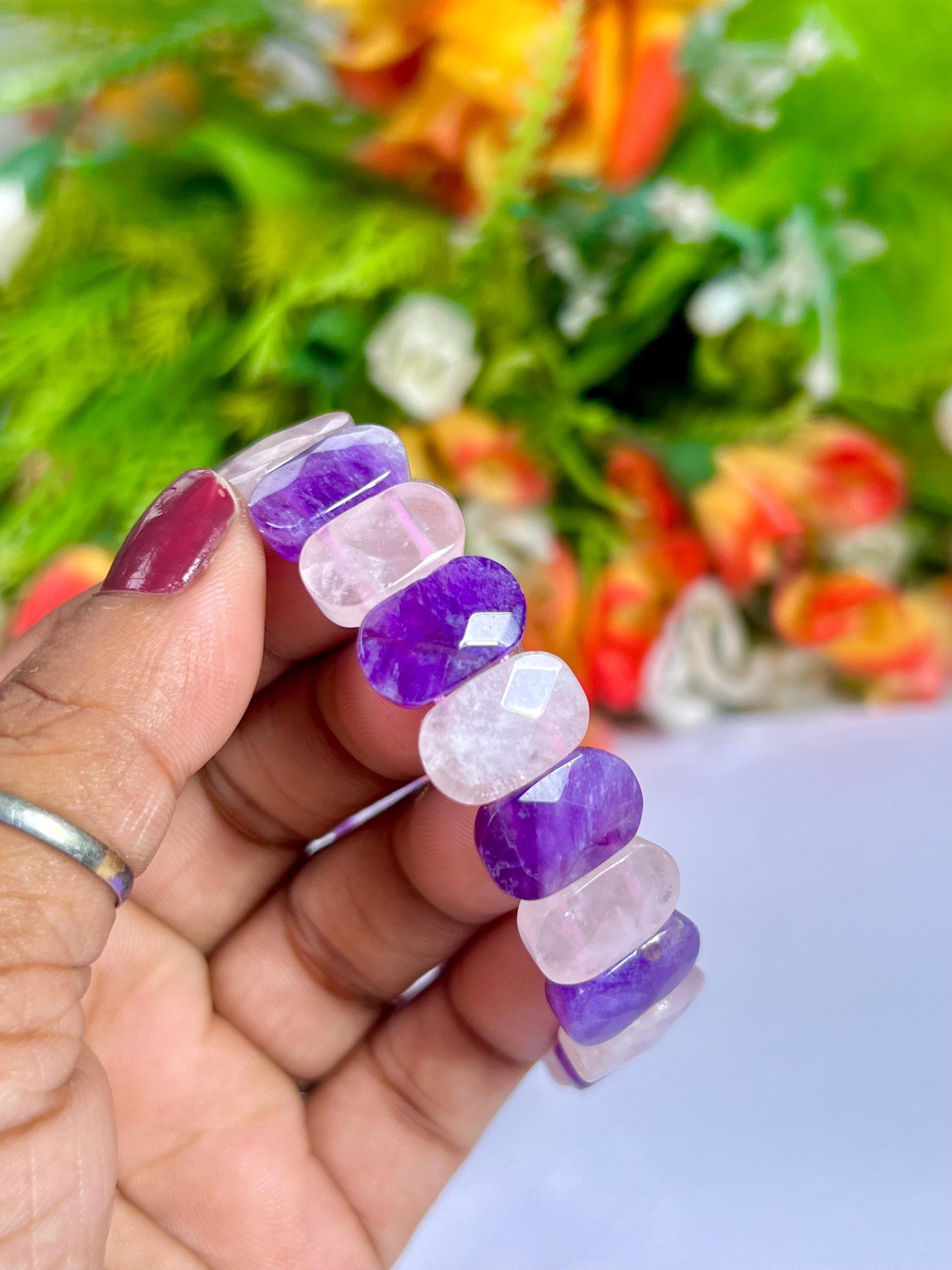 15 MM Amethyst Stone and Rose Quartz Stone Bracelet l Stretchable Bracelet AAAAA +++++