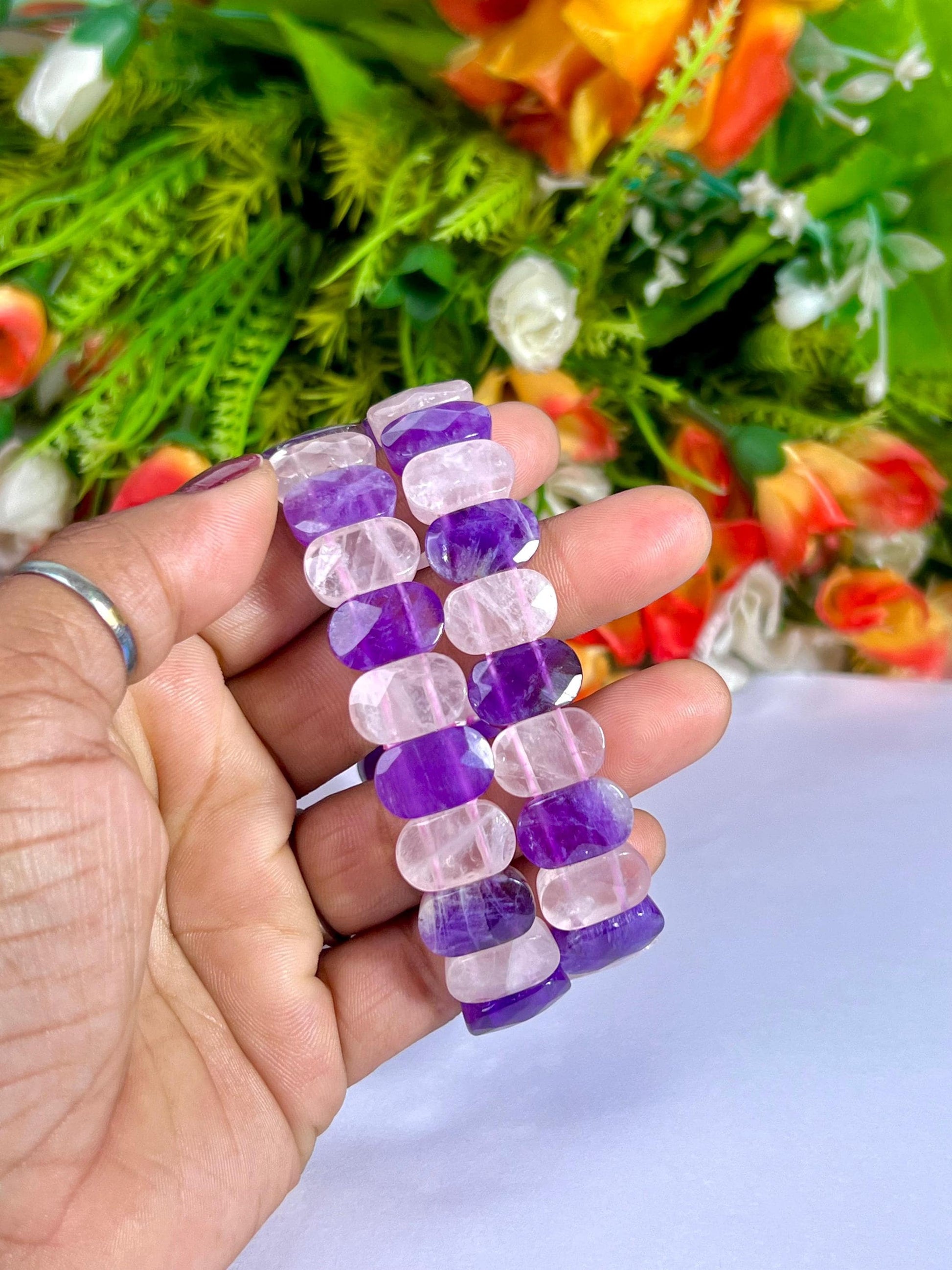 15 MM Amethyst Stone and Rose Quartz Stone Bracelet l Stretchable Bracelet AAAAA +++++