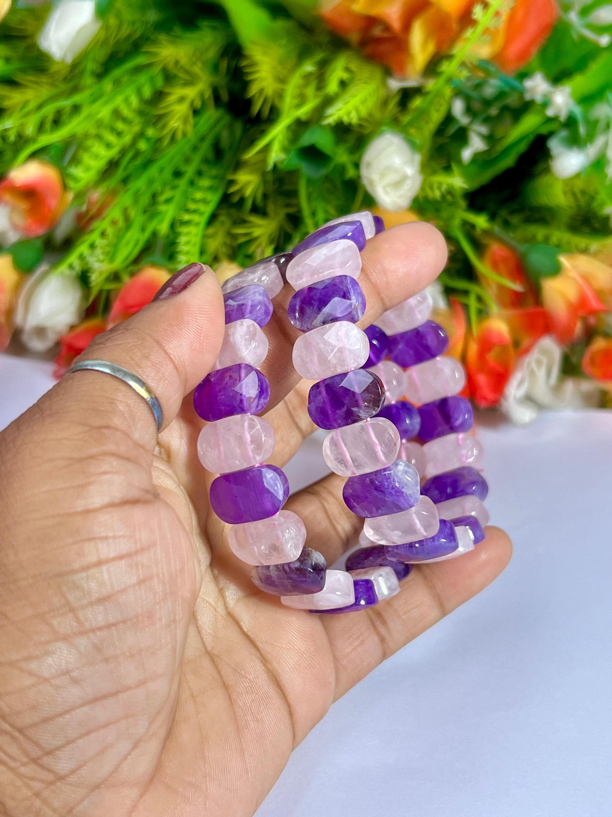 15 MM Amethyst Stone and Rose Quartz Stone Bracelet l Stretchable Bracelet AAAAA +++++