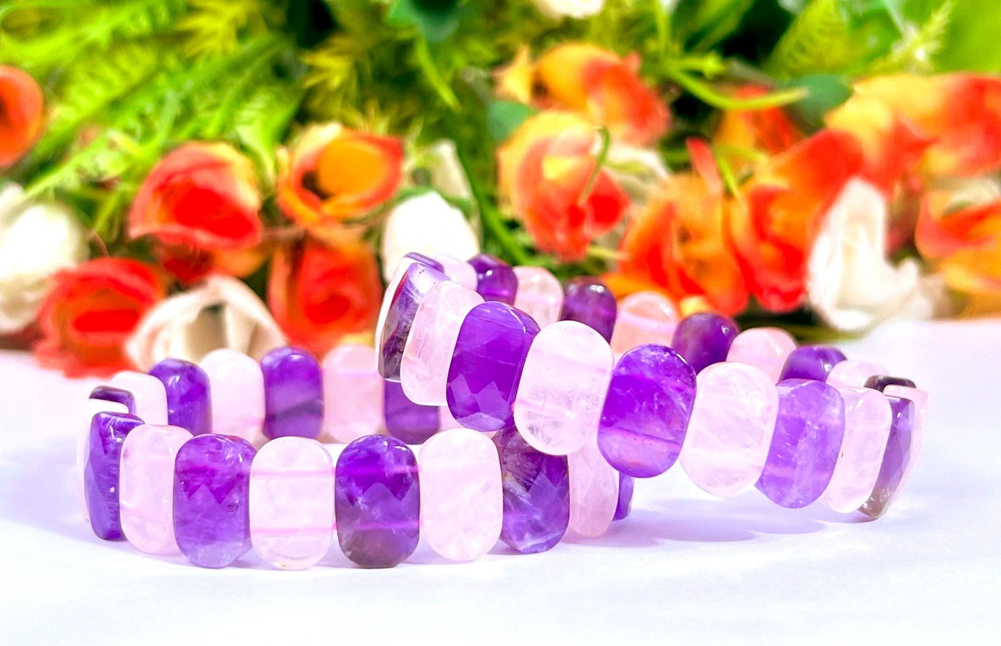 15 MM Amethyst Stone and Rose Quartz Stone Bracelet l Stretchable Bracelet AAAAA +++++
