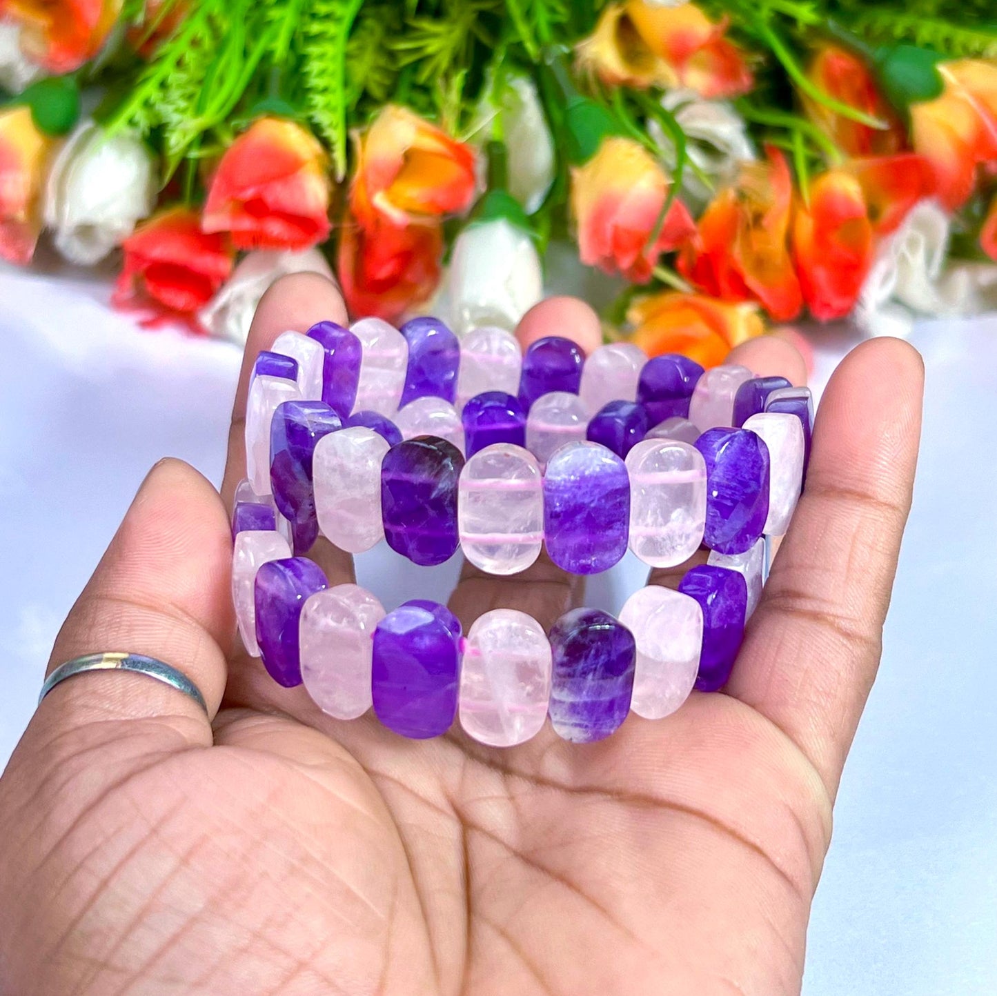 15 MM Amethyst Stone and Rose Quartz Stone Bracelet l Stretchable Bracelet AAAAA +++++