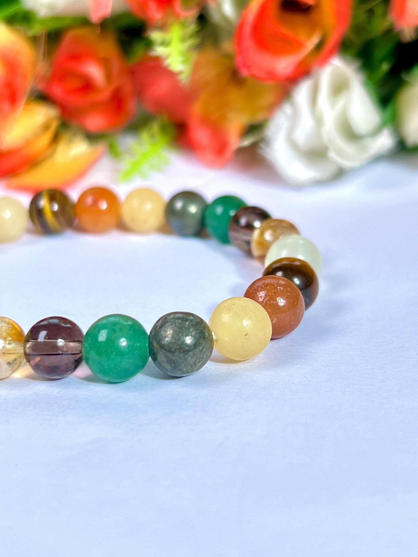 Menifest Abundance Prosperity Tiger's Eye, Barma Jade,Smoky Quartz,Pyrite ,Yellow Calcite,Red and Green Aventurine Stone 8 MM Beads Bracelet