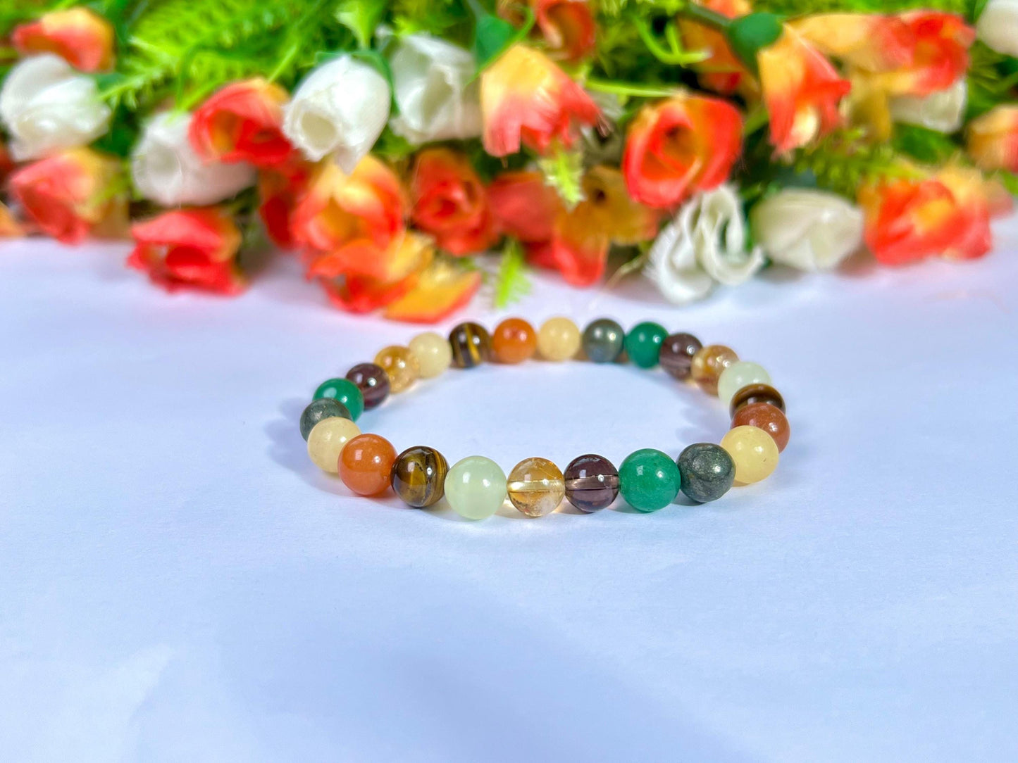 Menifest Abundance Prosperity Tiger's Eye, Barma Jade,Smoky Quartz,Pyrite ,Yellow Calcite,Red and Green Aventurine Stone 8 MM Beads Bracelet
