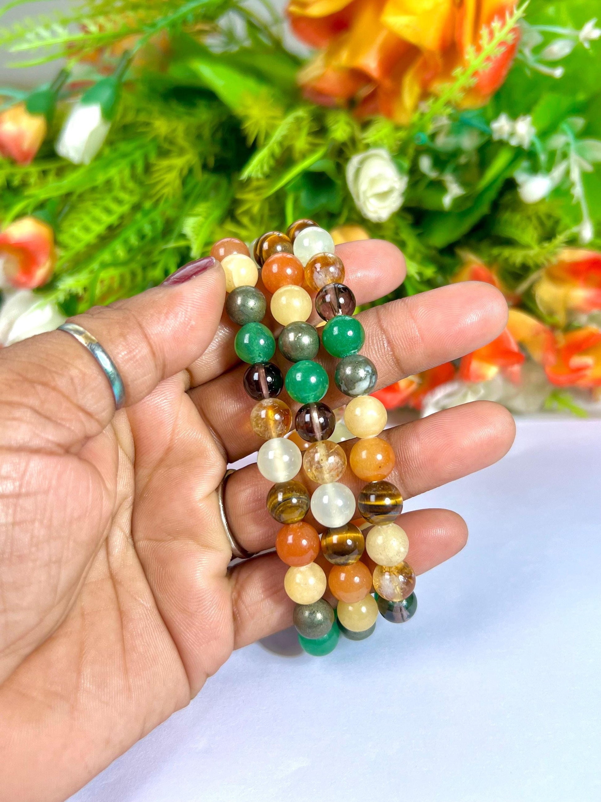 Menifest Abundance Prosperity Tiger's Eye, Barma Jade,Smoky Quartz,Pyrite ,Yellow Calcite,Red and Green Aventurine Stone 8 MM Beads Bracelet