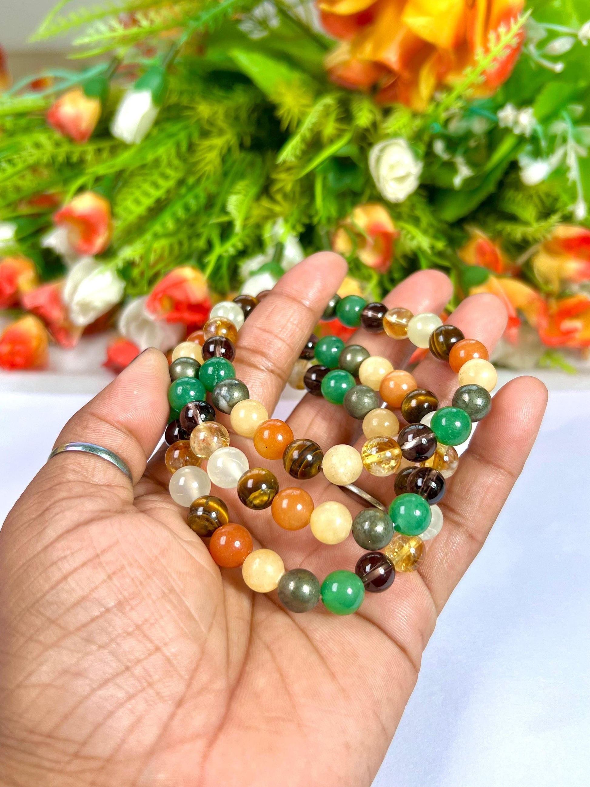 Menifest Abundance Prosperity Tiger's Eye, Barma Jade,Smoky Quartz,Pyrite ,Yellow Calcite,Red and Green Aventurine Stone 8 MM Beads Bracelet