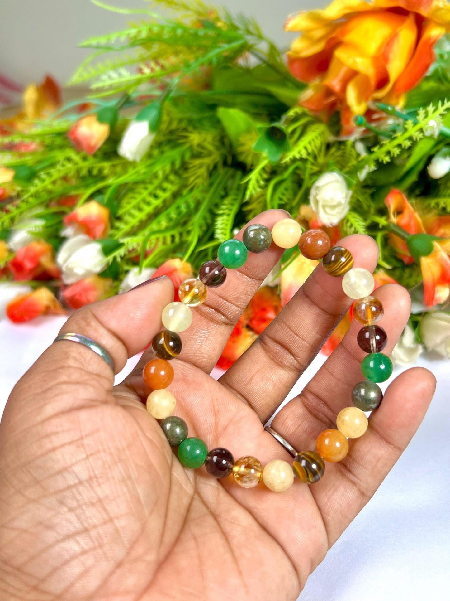 Menifest Abundance Prosperity Tiger's Eye, Barma Jade,Smoky Quartz,Pyrite ,Yellow Calcite,Red and Green Aventurine Stone 8 MM Beads Bracelet