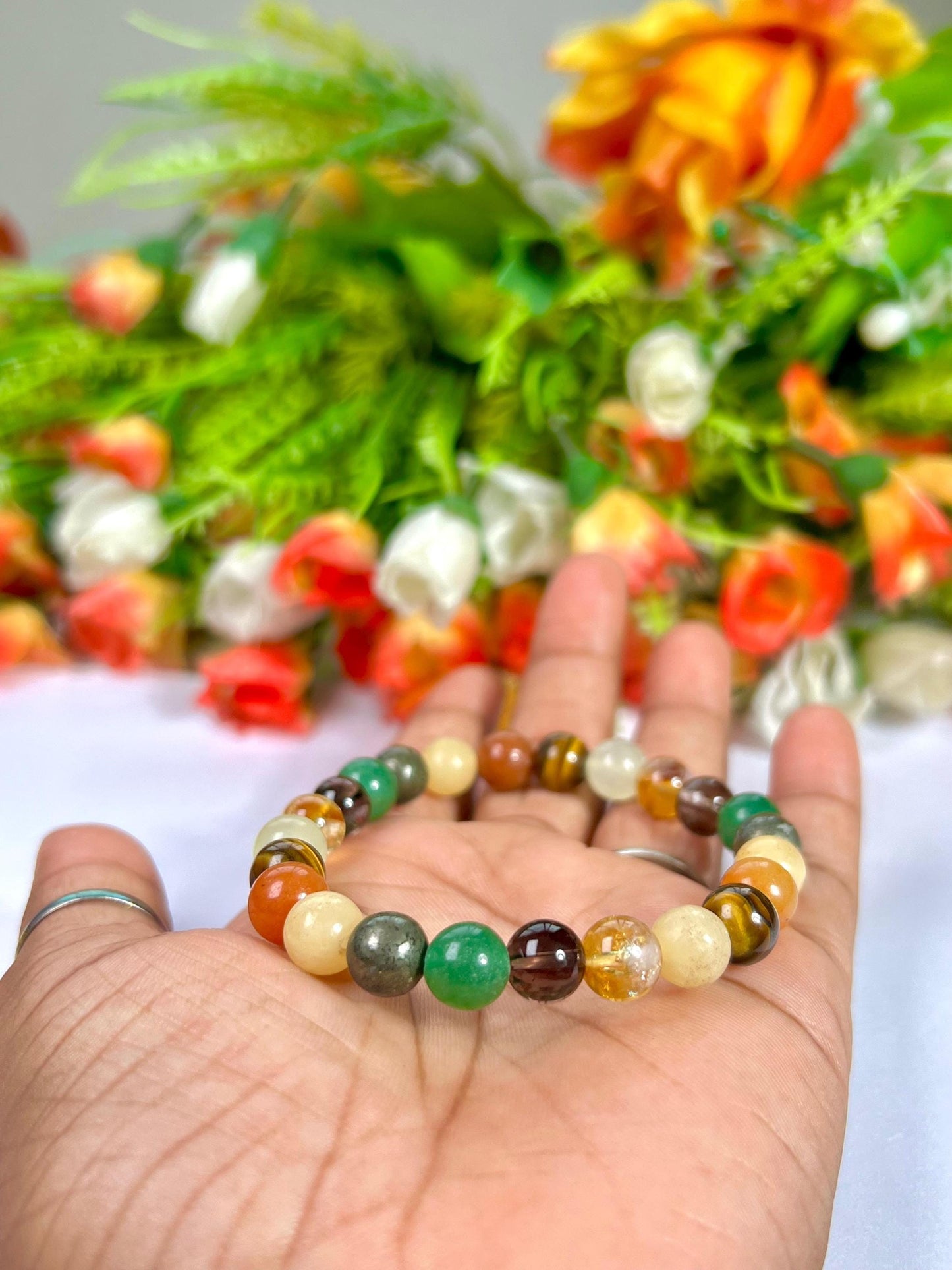 Menifest Abundance Prosperity Tiger's Eye, Barma Jade,Smoky Quartz,Pyrite ,Yellow Calcite,Red and Green Aventurine Stone 8 MM Beads Bracelet