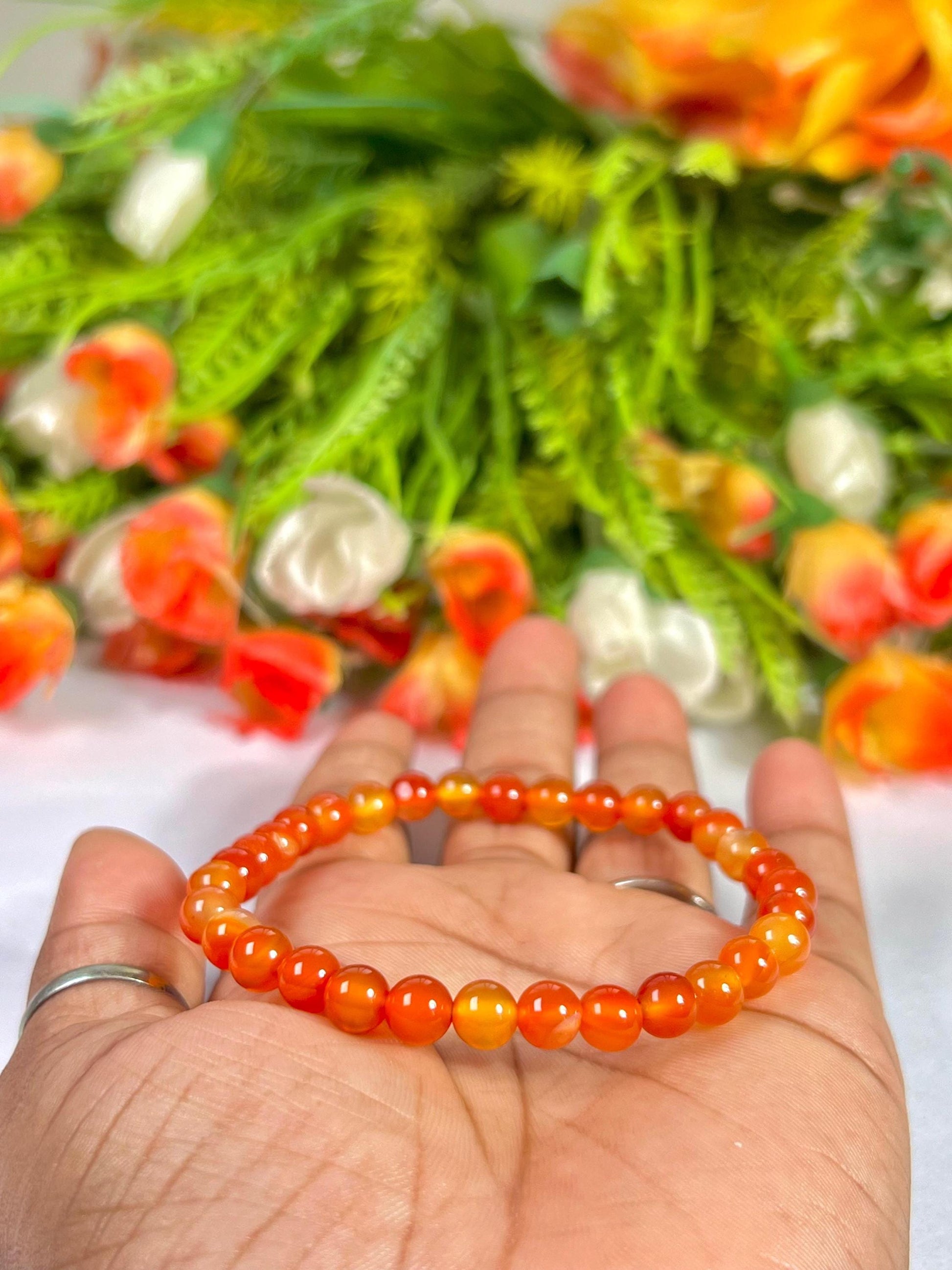 6 MM Red Orange Carnelian Stone Bracelet l Stretchable Bracelet l Unisex Bracelet