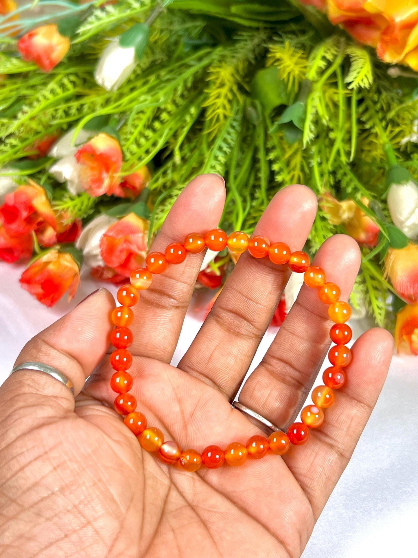 6 MM Red Orange Carnelian Stone Bracelet l Stretchable Bracelet l Unisex Bracelet