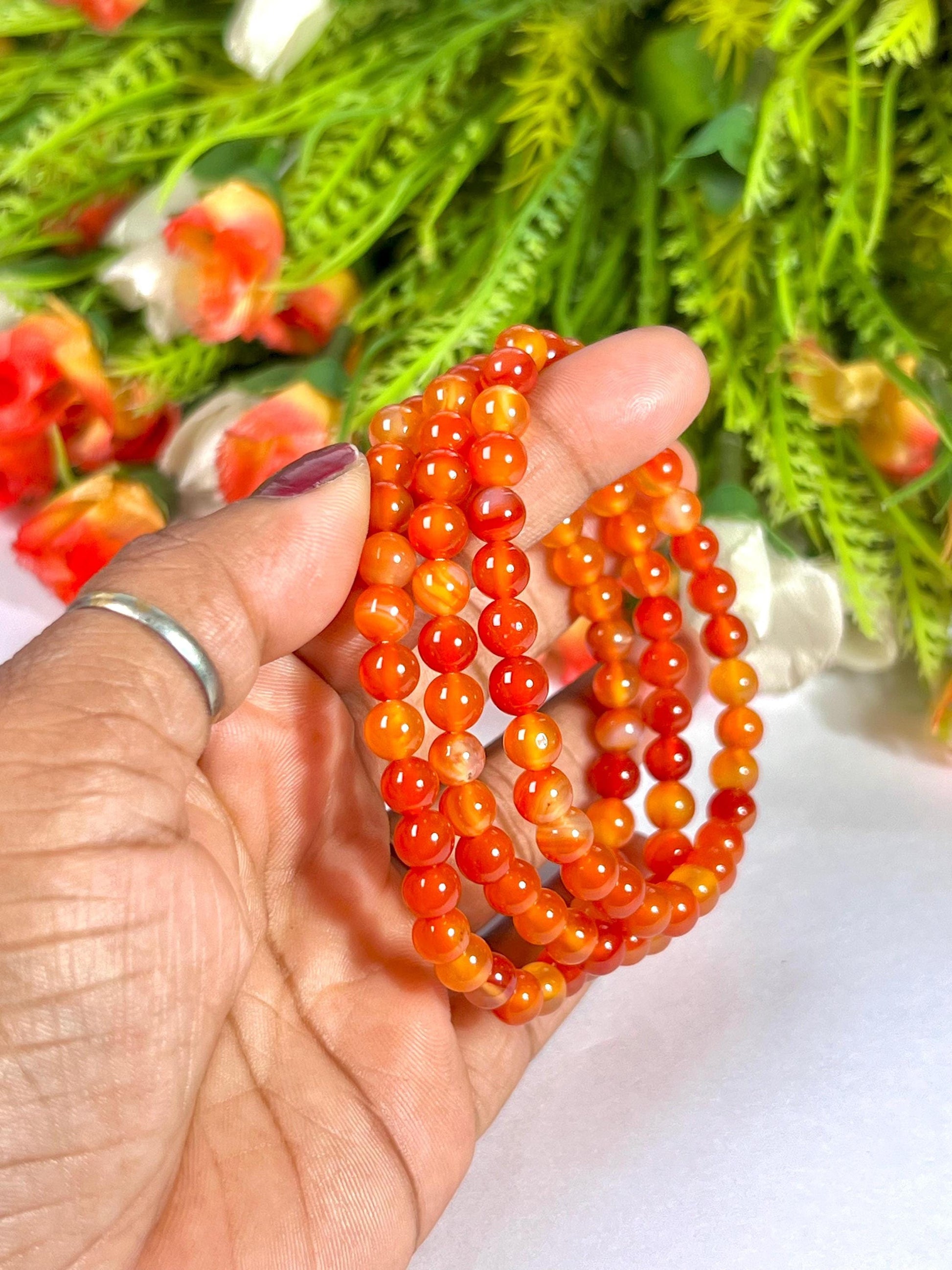 6 MM Red Orange Carnelian Stone Bracelet l Stretchable Bracelet l Unisex Bracelet