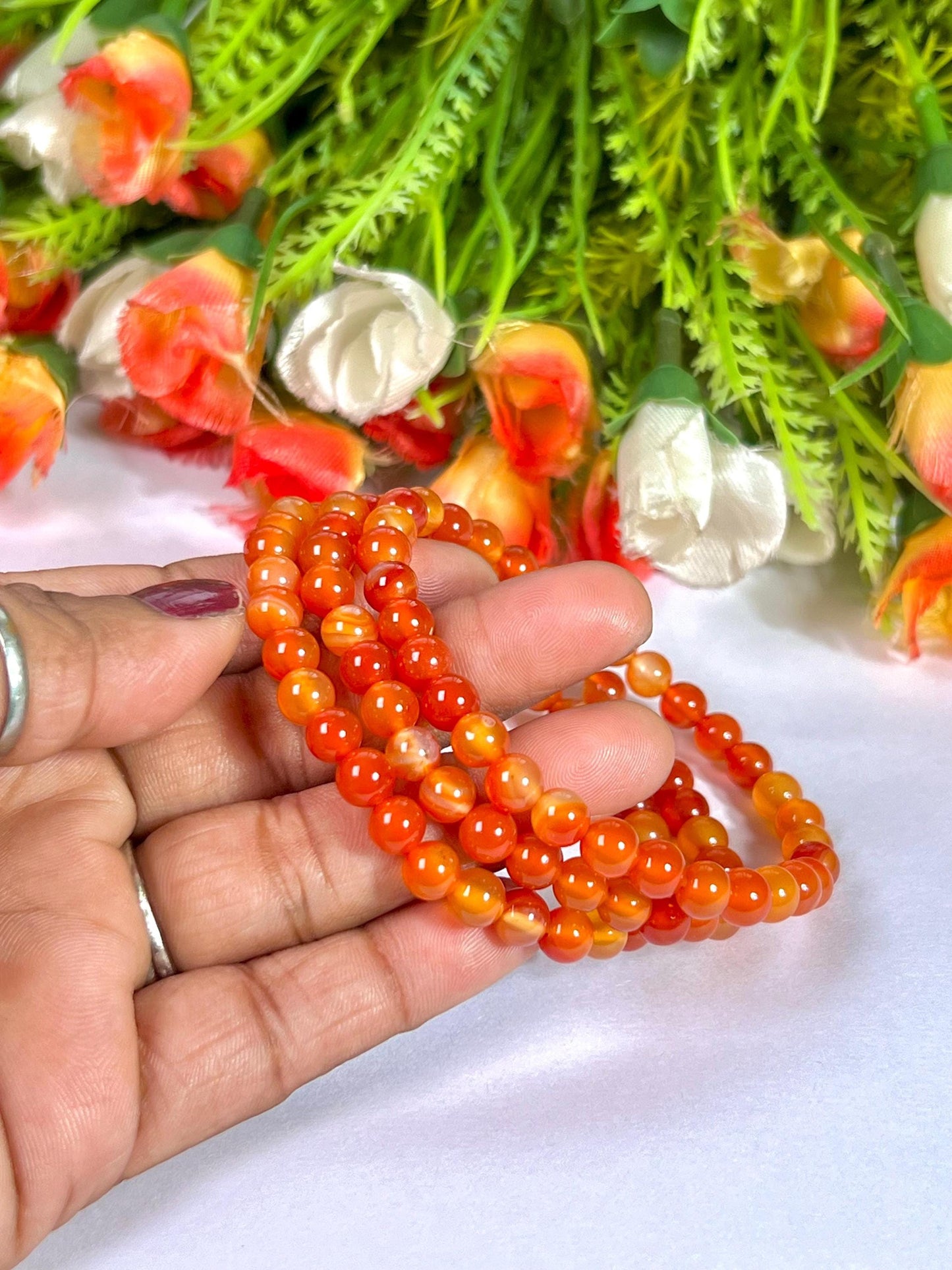 6 MM Red Orange Carnelian Stone Bracelet l Stretchable Bracelet l Unisex Bracelet