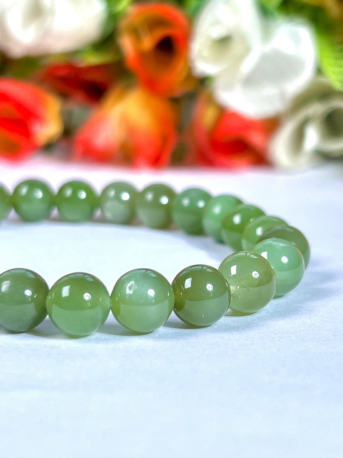 Chinese Olive Green Jade Stone Bracelet l Stretchable Bracelet l Unisex Bracelet l 8 MM Bracelet