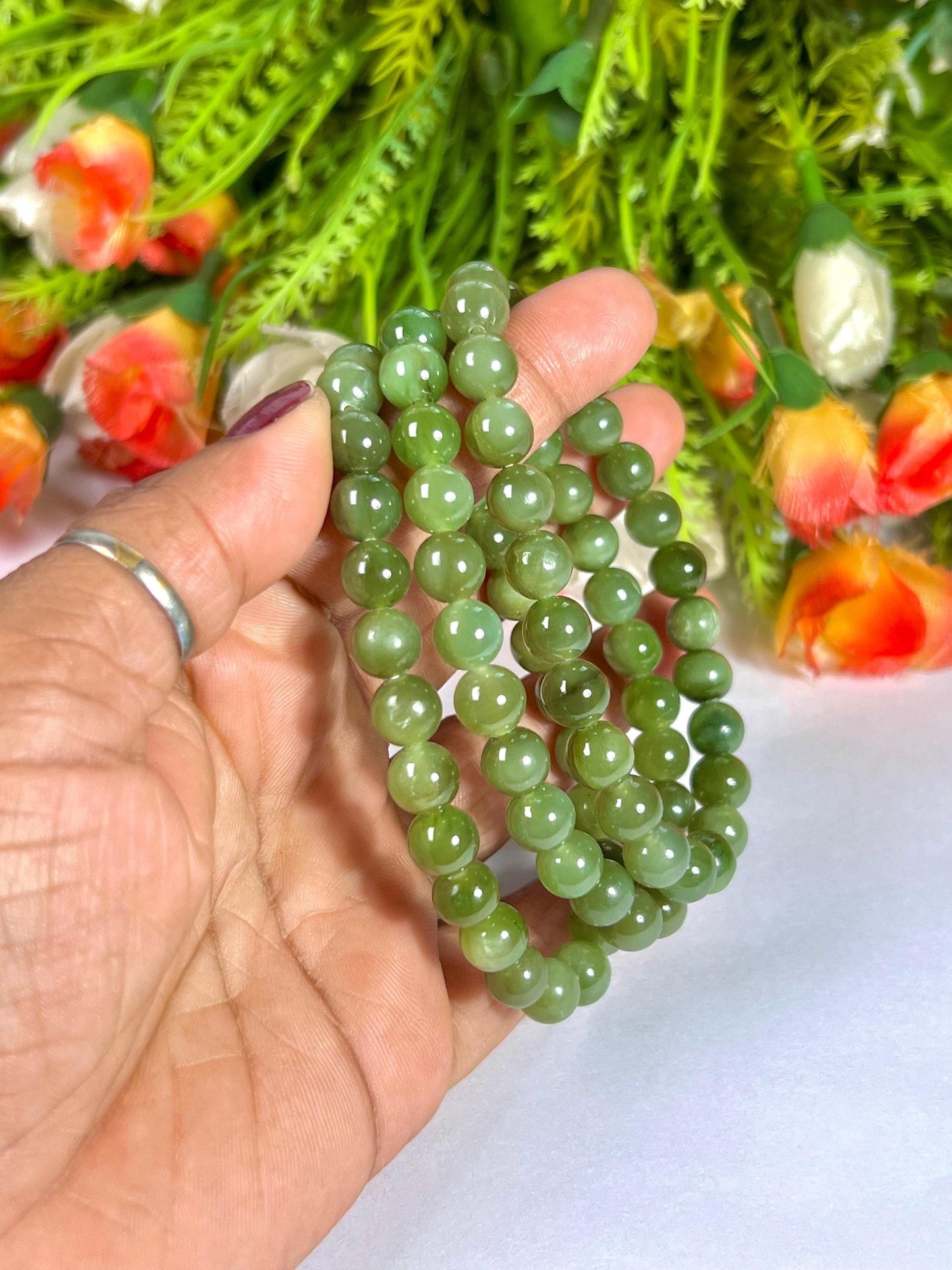 Chinese Olive Green Jade Stone Bracelet l Stretchable Bracelet l Unisex Bracelet l 8 MM Bracelet