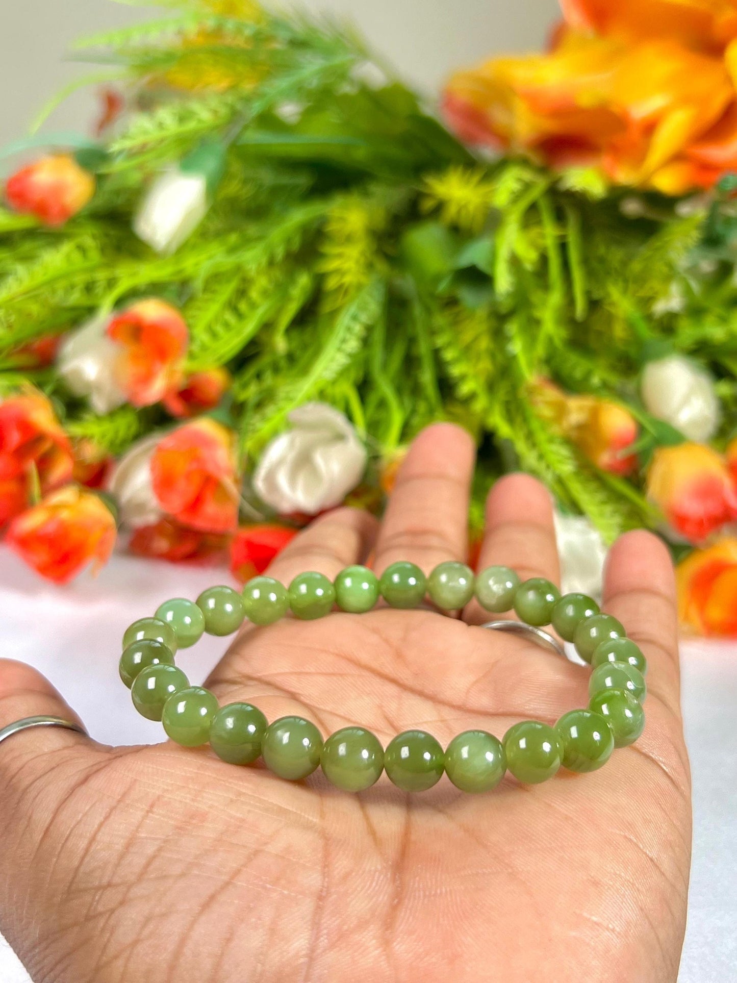 Chinese Olive Green Jade Stone Bracelet l Stretchable Bracelet l Unisex Bracelet l 8 MM Bracelet