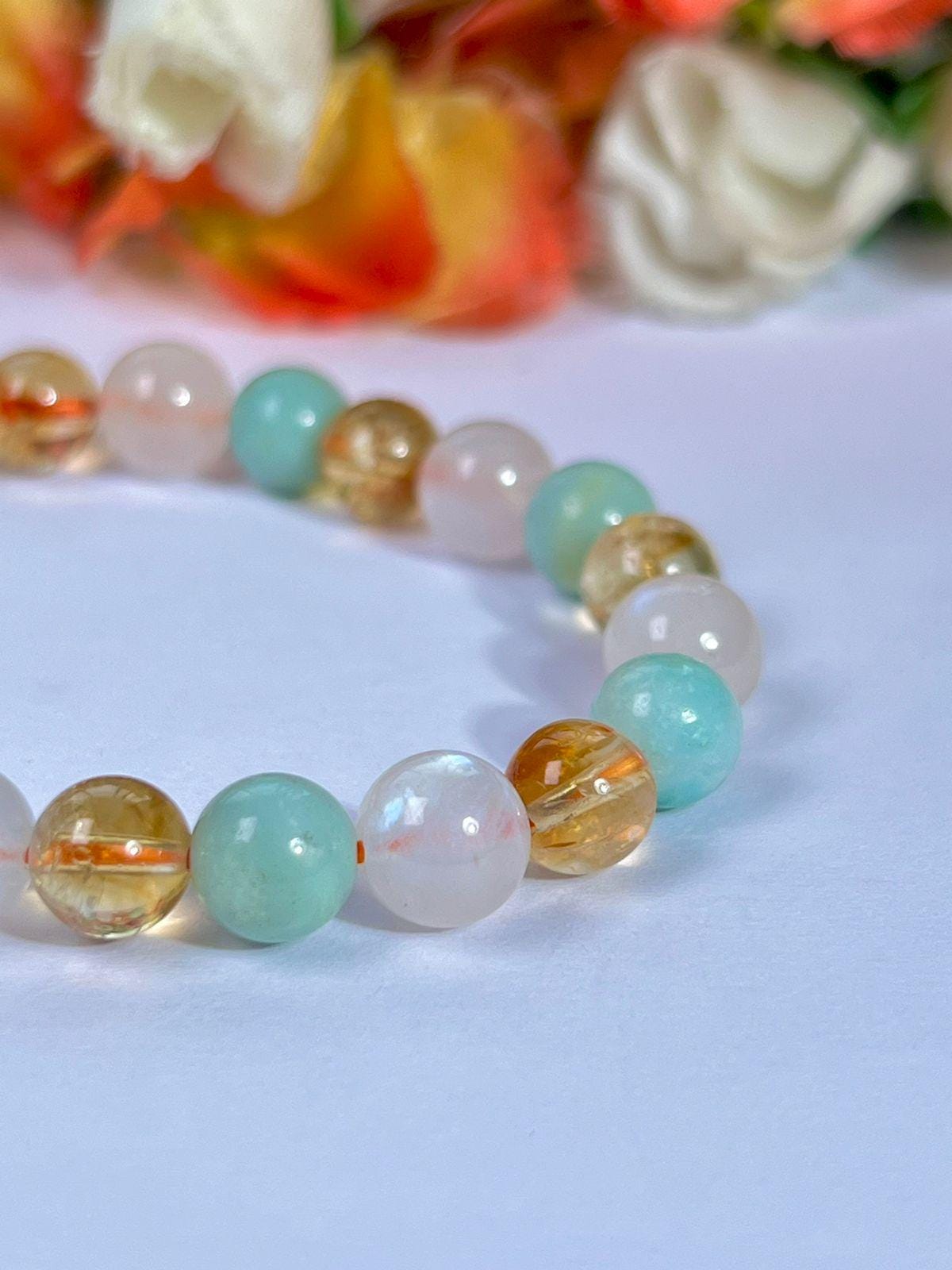 For Daughter Bracelet l Citrine, Rainbow Moonstone, Amazonite Stone 8 MM Beads Bracelet