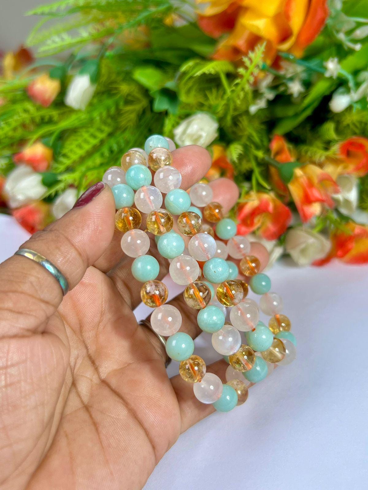 For Daughter Bracelet l Citrine, Rainbow Moonstone, Amazonite Stone 8 MM Beads Bracelet