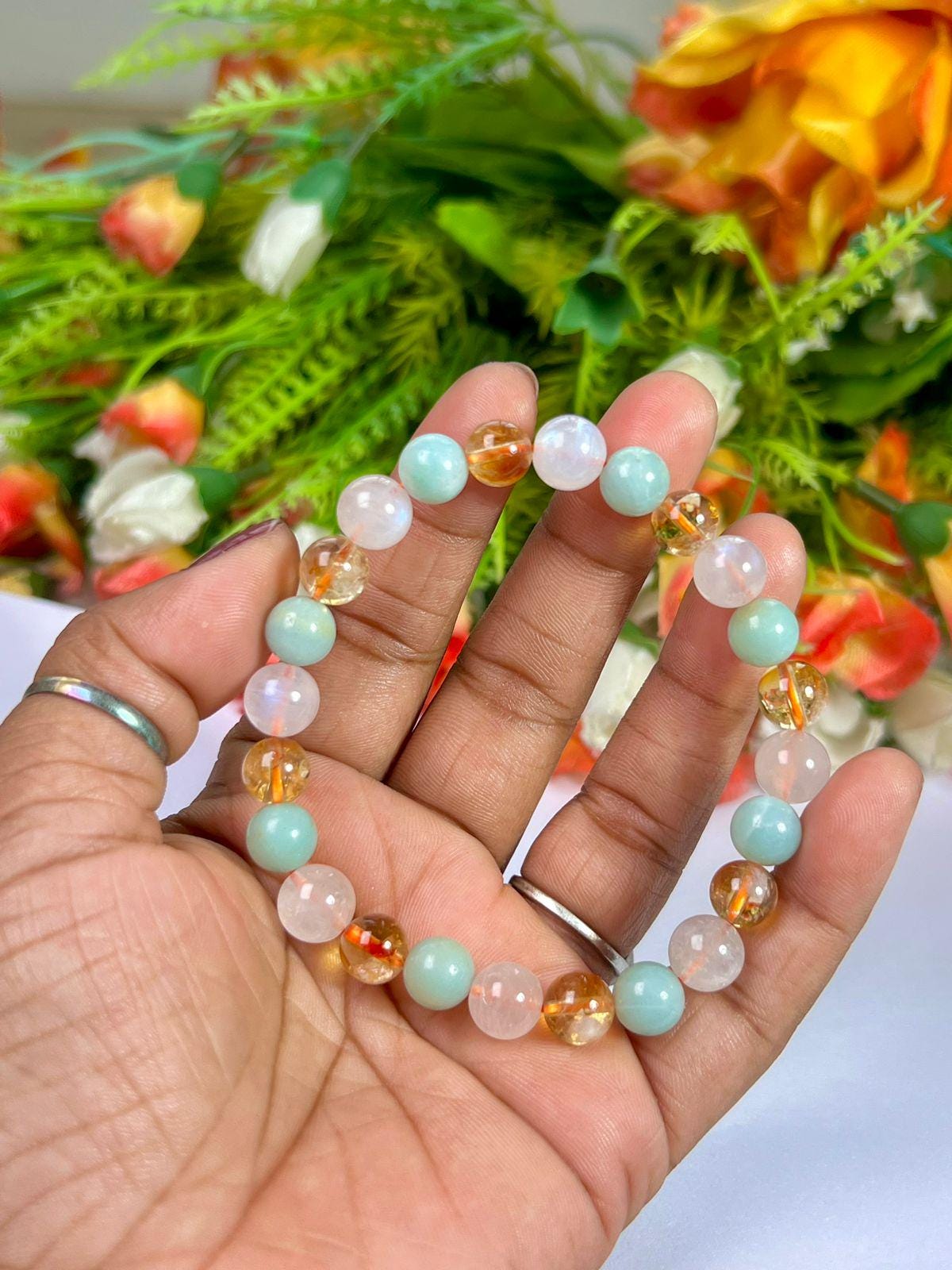 For Daughter Bracelet l Citrine, Rainbow Moonstone, Amazonite Stone 8 MM Beads Bracelet