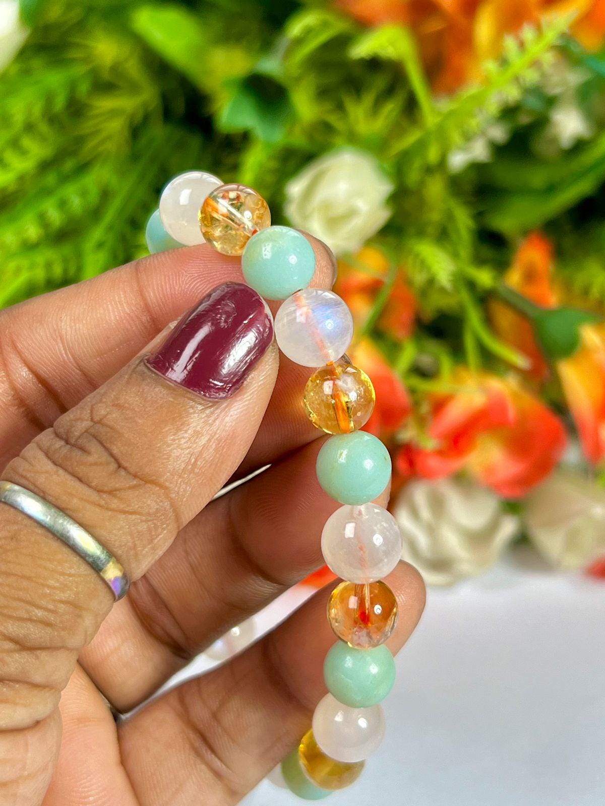For Daughter Bracelet l Citrine, Rainbow Moonstone, Amazonite Stone 8 MM Beads Bracelet