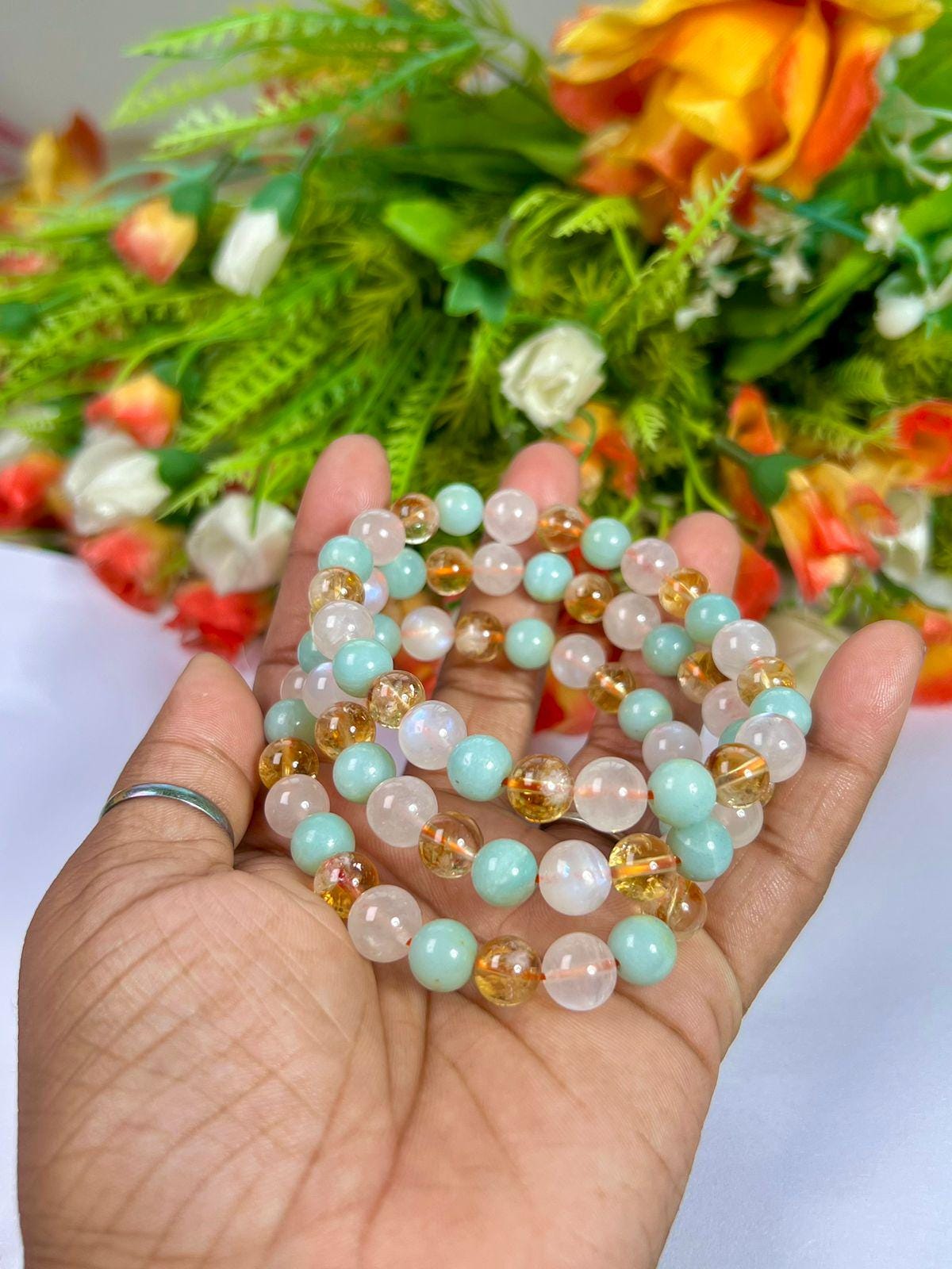 For Daughter Bracelet l Citrine, Rainbow Moonstone, Amazonite Stone 8 MM Beads Bracelet