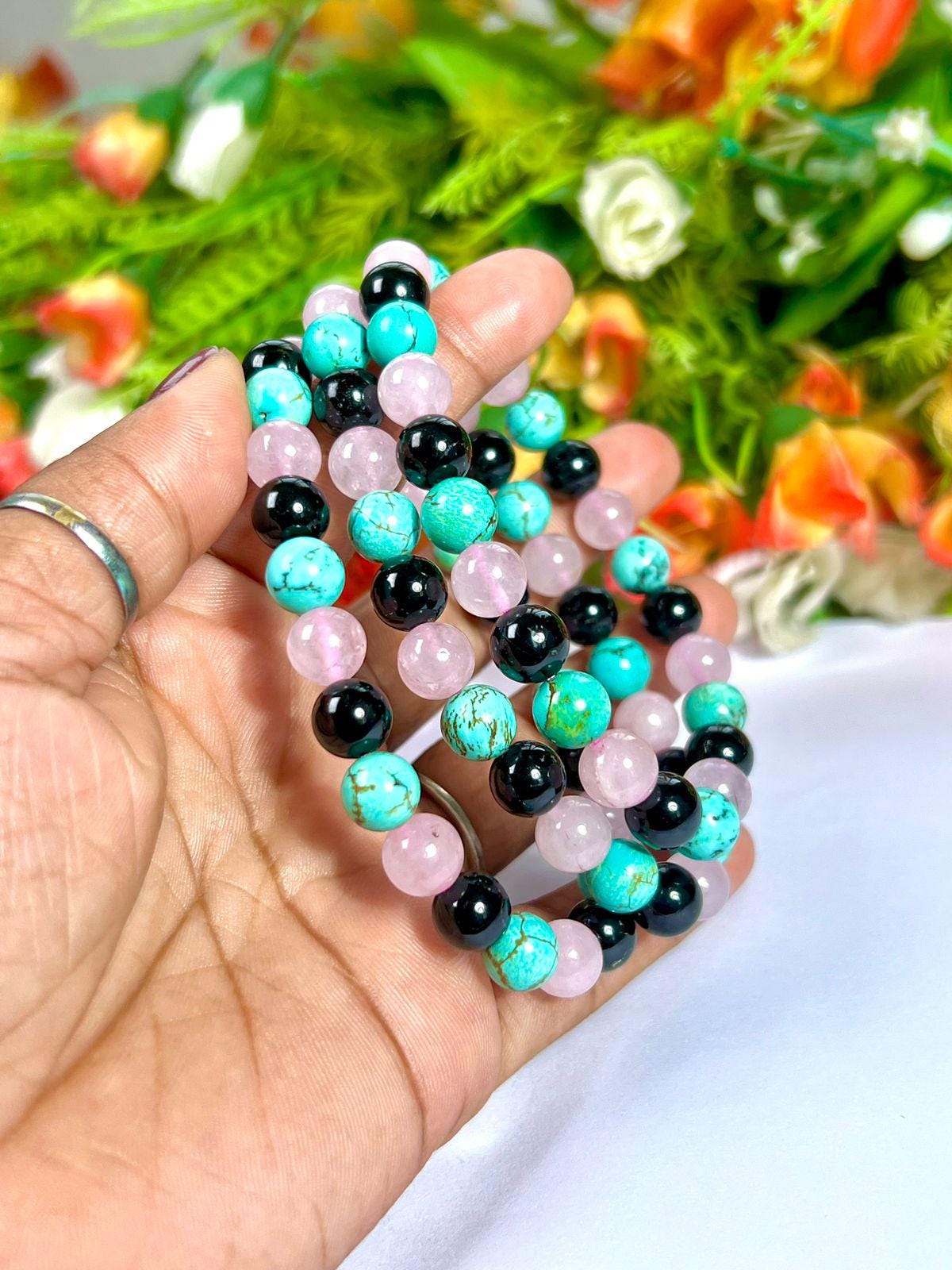 For Auntie, Aunty Bracelet l  Rose Quartz, Howlite Turquoise, Black Tourmaline, Stone 8 MM Beads Bracelet