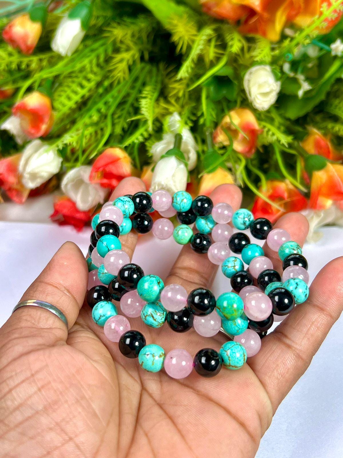 For Auntie, Aunty Bracelet l  Rose Quartz, Howlite Turquoise, Black Tourmaline, Stone 8 MM Beads Bracelet
