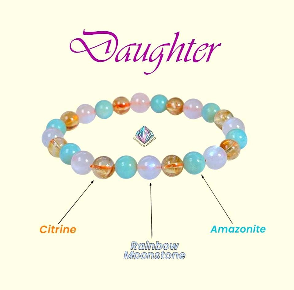 For Daughter Bracelet l Citrine, Rainbow Moonstone, Amazonite Stone 8 MM Beads Bracelet
