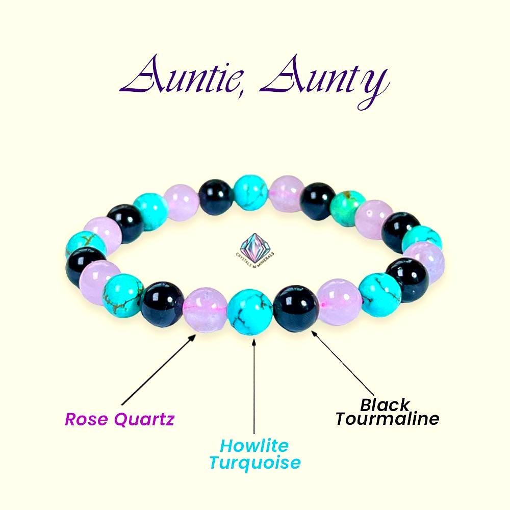 For Auntie, Aunty Bracelet l  Rose Quartz, Howlite Turquoise, Black Tourmaline, Stone 8 MM Beads Bracelet