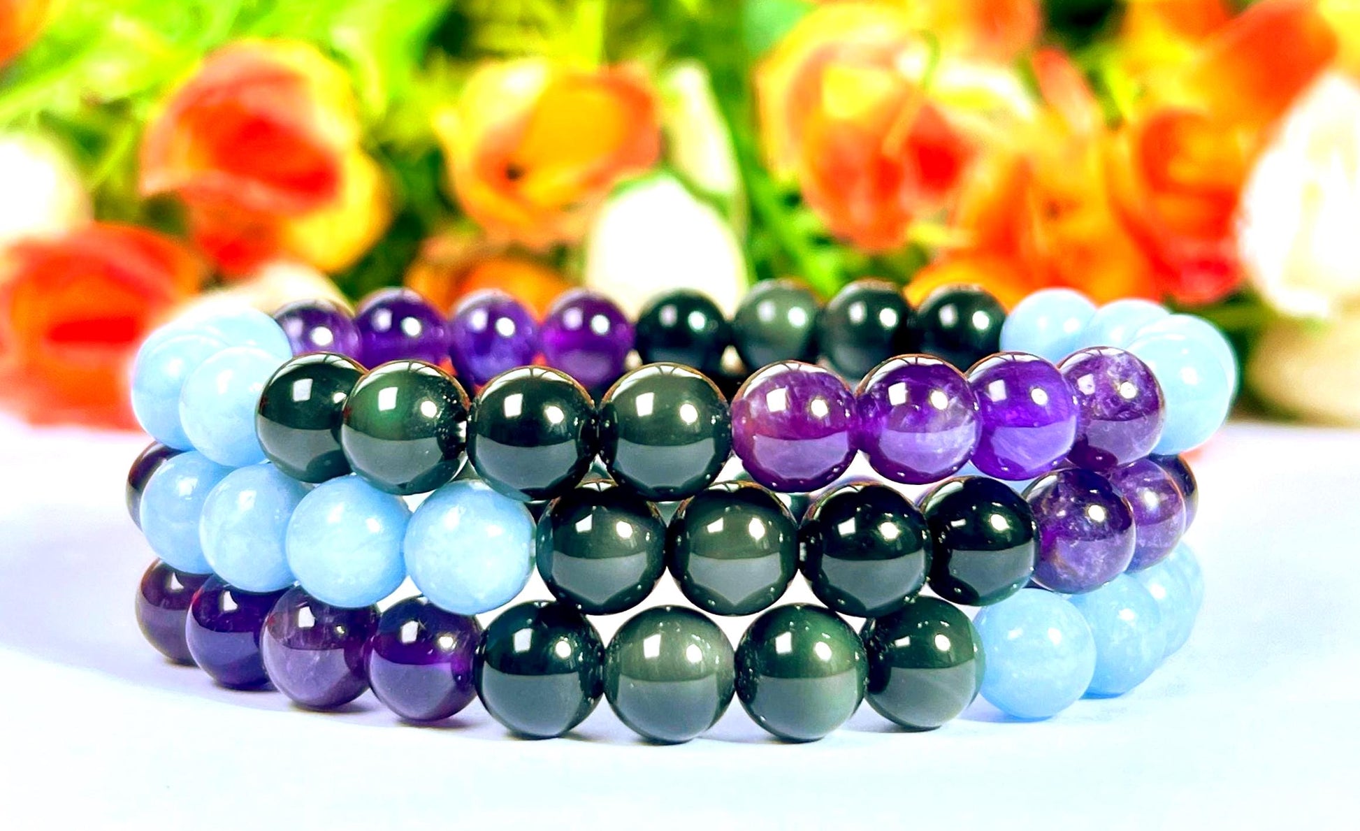 Pain Relief Crystal Bracelet – Amethyst, Rainbow Obsidian & Angelite – 8mm Natural Gemstone Beads